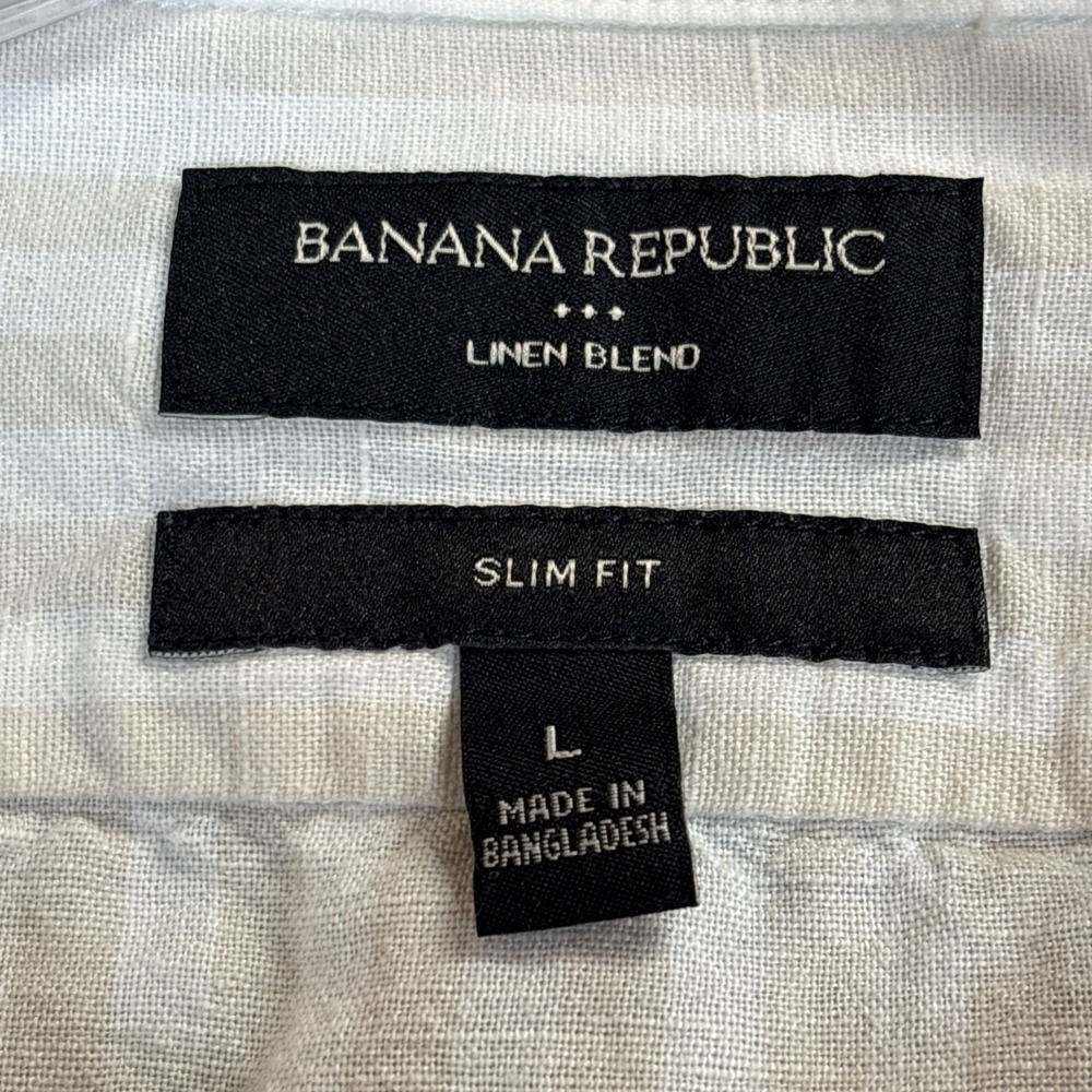 Banana Republic Mens Large Tailored Slim Fit 100% Linen Striped Shirt Tan White - Picture 3 of 8